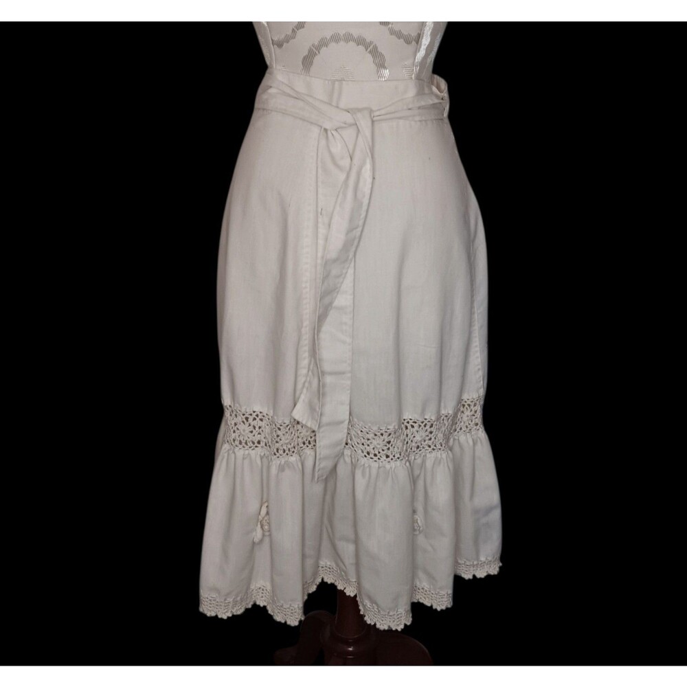 Vintage Cotton Beige Skirt with Crochet Insert and Ruffle Wrap Around Handmade